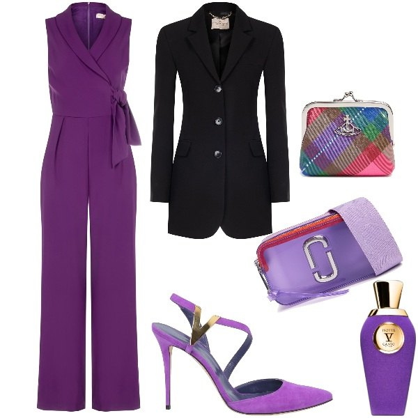 Outfit donna - Serata. Stile Chic per Serata fuori. Abbinamento con décolleté, profumi, tute, blazer, borse a spalla, portamonete.