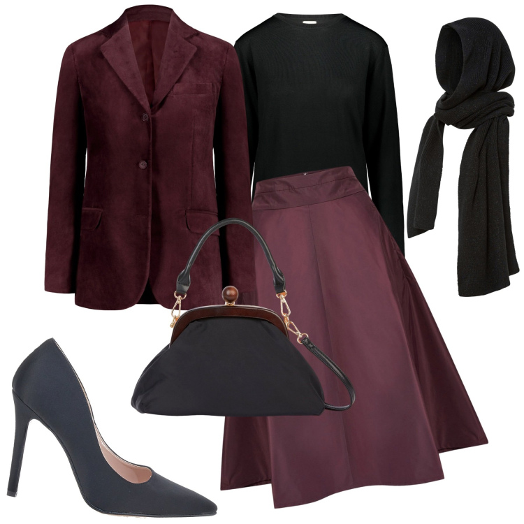 Outfit donna - City. Stile Glamour per Tutti i giorni. Abbinamento con sciarpe, décolleté, gonne, blazer, clutch, pullovers.