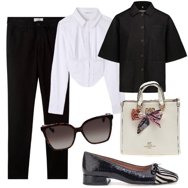 Outfit donna - Ufficio. Stile Bon Ton per Ufficio. Abbinamento con pantaloni chino, camicie, ballerine, blazer, borse a mano, occhiali da sole.