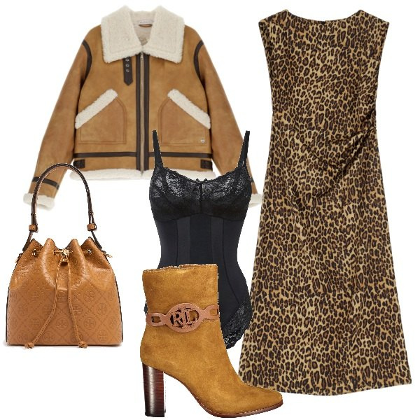 Outfit donna - Animalier. Stile Chic per Ufficio. Abbinamento con body, blazer, vestiti, stivali, borse a secchiello.