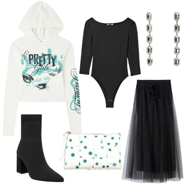 Outfit donna - Festa di compleanno. Stile Trendy per Serata fuori. Abbinamento con orecchini, body, t-shirt, gonne lunghe, stivaletti, borse a spalla.