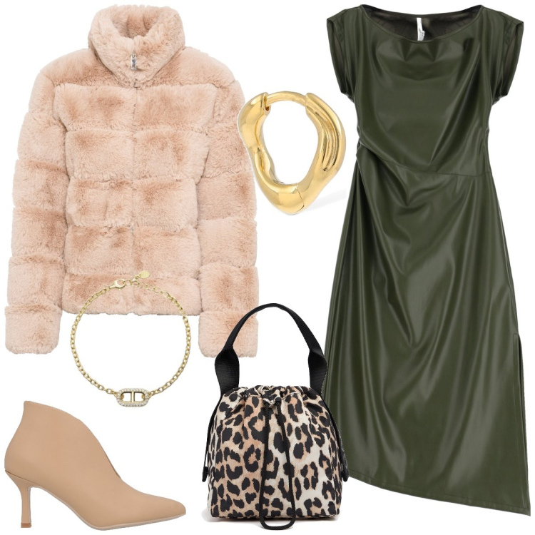 Outfit donna - Pelle. Stile Trendy per Tutti i giorni. Abbinamento con ecopellicce, stivaletti, braccialetti, vestiti midi/longuette, orecchini, borse a mano.