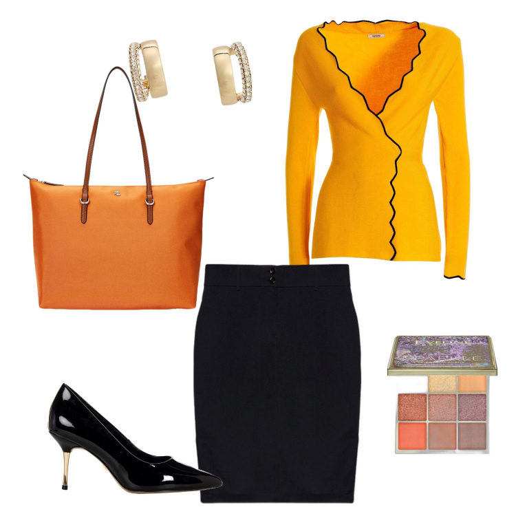Outfit donna - Arancio autunnale. Stile Bon Ton per Tutti i giorni. Abbinamento con ombretti, décolleté, cardigans, borse tote, orecchini, gonne.