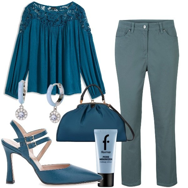 Outfit donna - Azzurro polvere. Stile Basic per Ufficio. Abbinamento con pantaloni, tuniche, primer, orecchini, décolleté, borse a spalla.