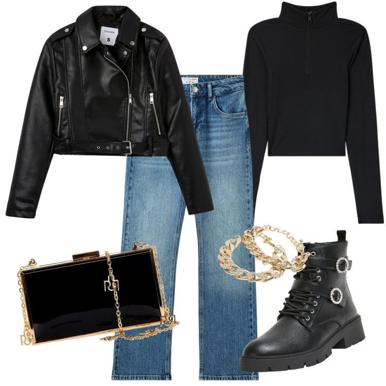 Outfit donna - Leather mania!. Stile Rock per Serata fuori. Abbinamento con anfibi, jeans slim fit, t-shirt, giacche, braccialetti, pochette.