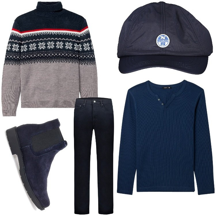 Outfit uomo - L´inverno in testa. Stile Casual per Tutti i giorni. Abbinamento con maglieria, t-shirt, pantaloni, stivali e stivaletti, cappelli con visiera.