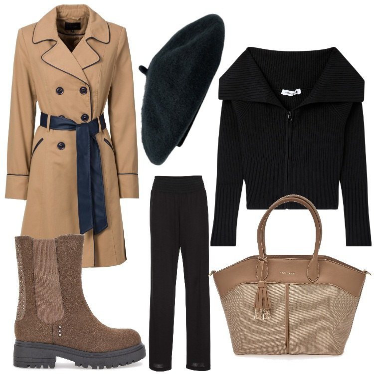 Outfit donna - Sotto la pioggia. Stile Casual chic per Ufficio. Abbinamento con trench, pantaloni a palazzo, cardigans, stivaletti chelsea, borse a spalla, cappelli e berretti.