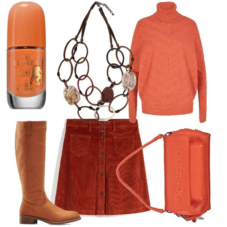 Outfit donna - Caldo arancio. Stile Casual chic per Serata fuori. Abbinamento con stivali, gonne, maglieria, smalti, borse a spalla, collane.