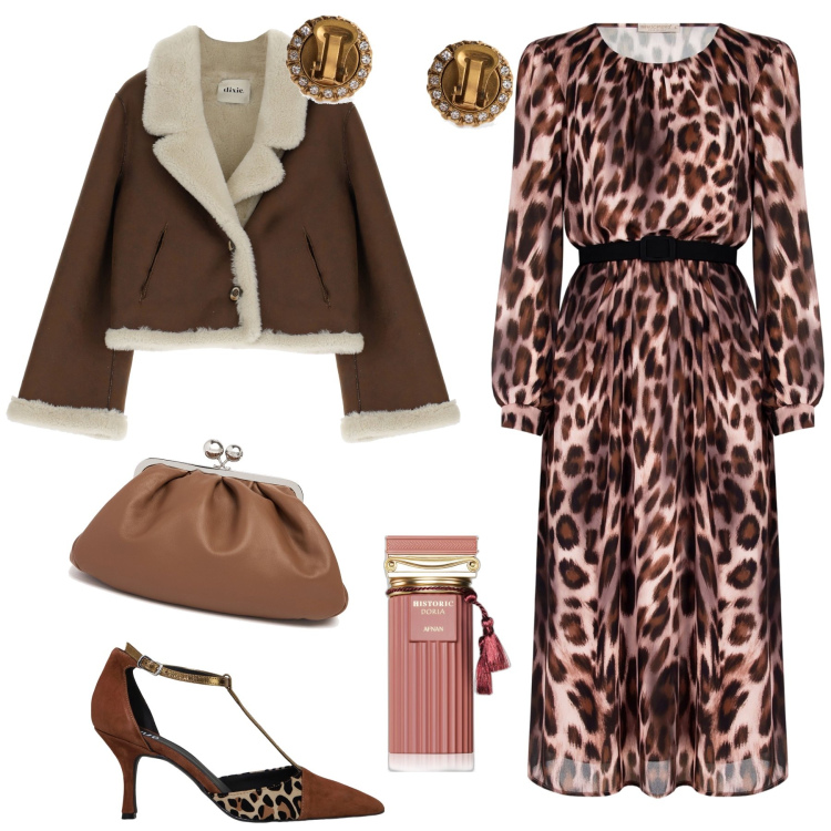 Outfit donna - Serata maculata. Stile Glamour per Serata fuori. Abbinamento con profumi, vestiti midi/longuette, blazer, décolleté, pochette, orecchini.