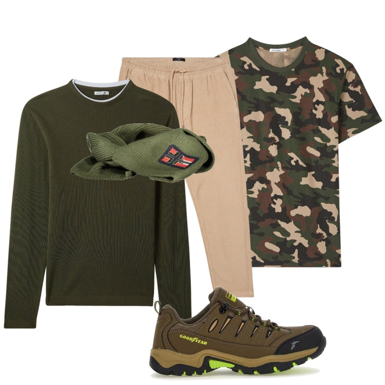 Outfit uomo - Total look #1972665. Stile Casual per Tutti i giorni. Abbinamento con t-shirt, maglieria, pantaloni, scarpe sportive, sciarpe.