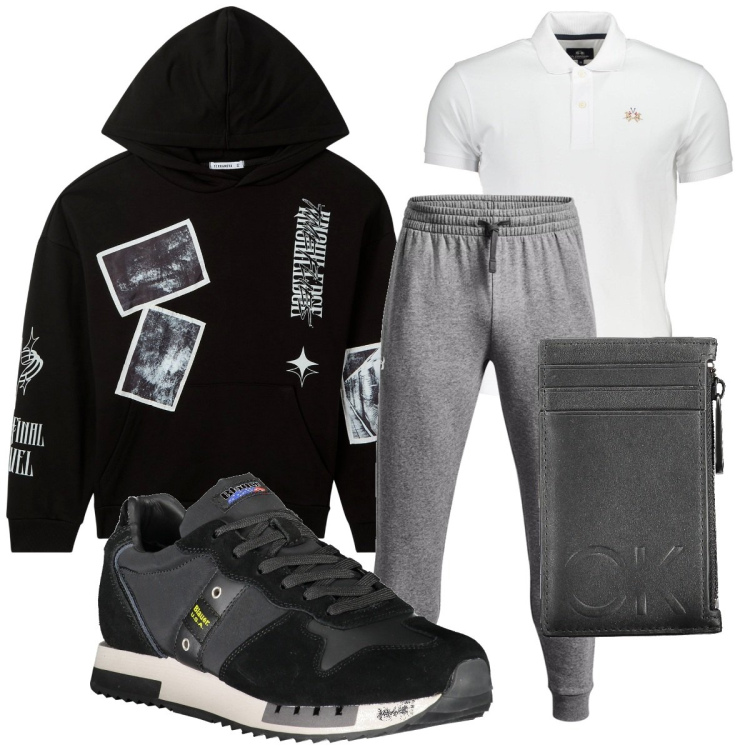 Outfit uomo - Sportivo palaviola. Stile Urban per Tutti i giorni. Abbinamento con felpe con cappuccio, polo, pantaloni, sneakers, portafogli.