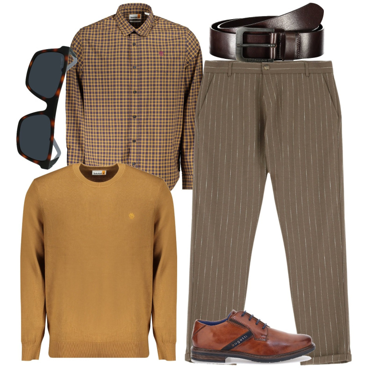 Outfit uomo - Toni caldi. Stile Urban per Ufficio. Abbinamento con pantaloni, scarpe stringate, camicie, cinture, occhiali da sole, maglieria.