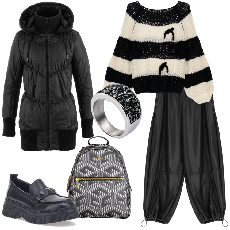 Outfit donna - Quasi ... total black!. Stile Trendy per Tutti i giorni. Abbinamento con giacche, anelli, maglieria, pantaloni, zaini, mocassini.
