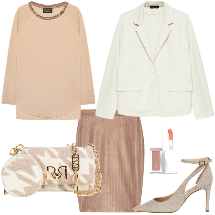 Outfit donna - Pied de poule & righe. Stile Minimal per Tutti i giorni. Abbinamento con gloss, borse a tracolla, décolleté, gonne, blazer, felpe.
