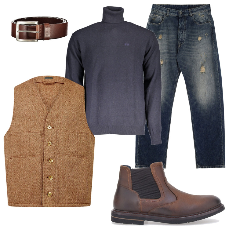 Outfit uomo - Al cinema. Stile Casual per Serata speciale. Abbinamento con jeans strappati, gilet, cinture, maglieria, stivali e stivaletti.