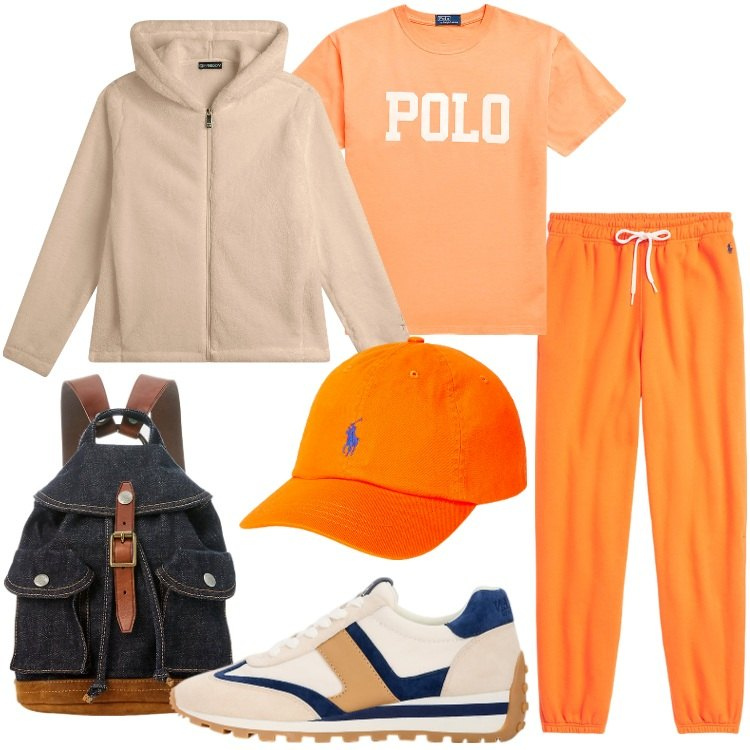 Outfit donna - Casual vitaminico. Stile Casual per Tutti i giorni. Abbinamento con felpe con cappuccio, zaini, cappelli, sneakers, pantaloni sportivi, t-shirt.