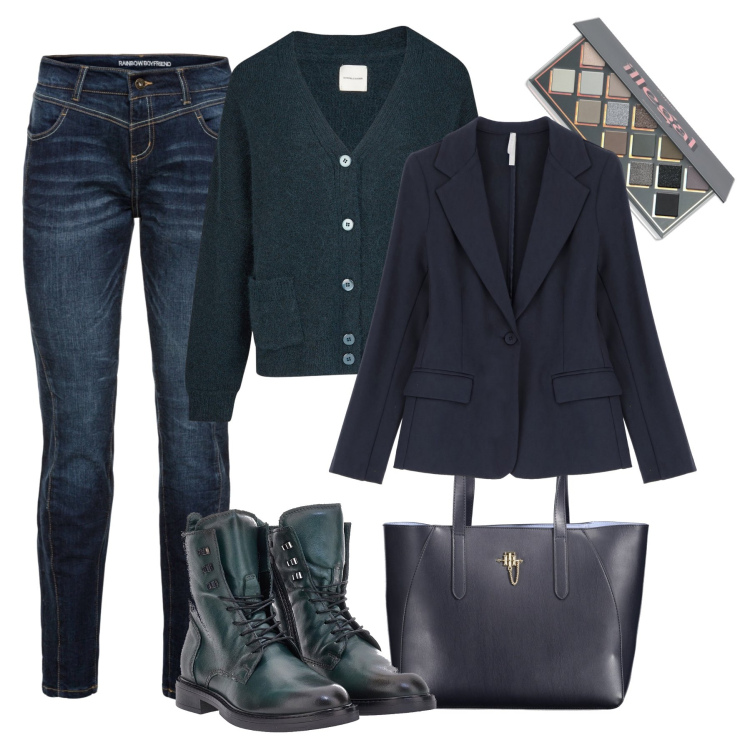 Outfit donna - Easy in blu e verde petrolio. Stile Trendy per Tutti i giorni. Abbinamento con jeans boyfriend, ombretti, blazer, anfibi, cardigans, borse a spalla.