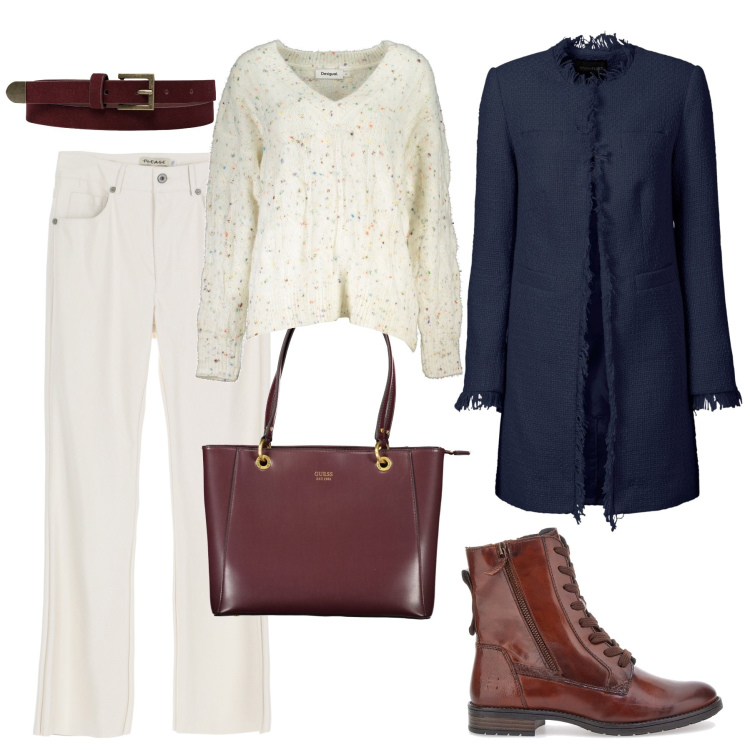 Outfit donna - Mezza stagione in città. Stile Sporty chic per Tutti i giorni. Abbinamento con blazer, pantaloni, maglieria, anfibi, borse a spalla, cinture.