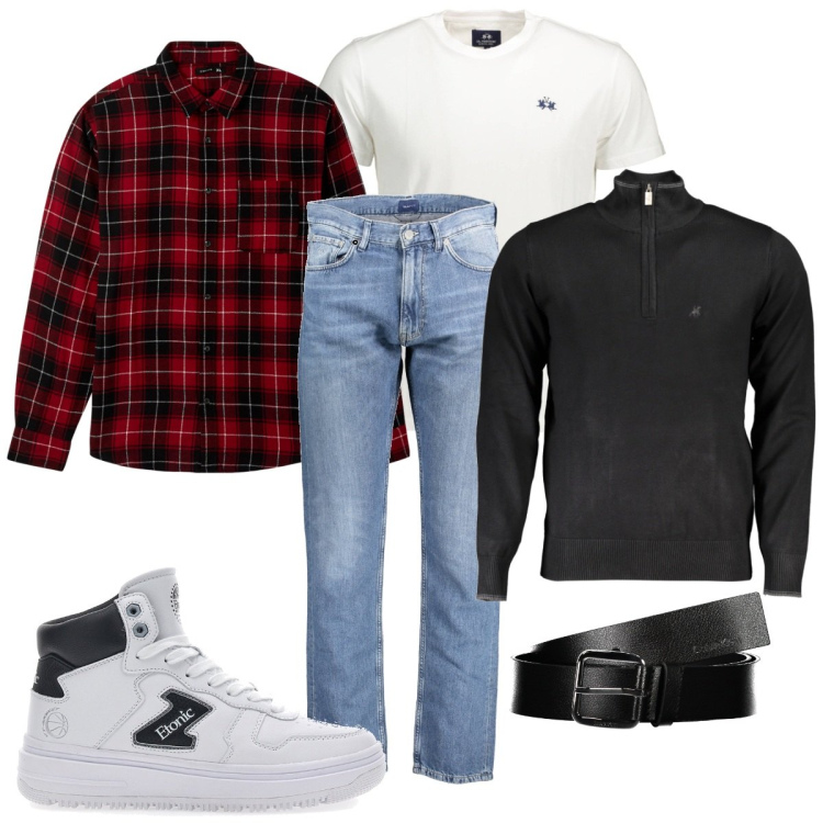 Outfit uomo - Total look... Stratificato. Stile Casual per Tutti i giorni. Abbinamento con camicie, jeans, sneakers, t-shirt, cinture, maglieria.