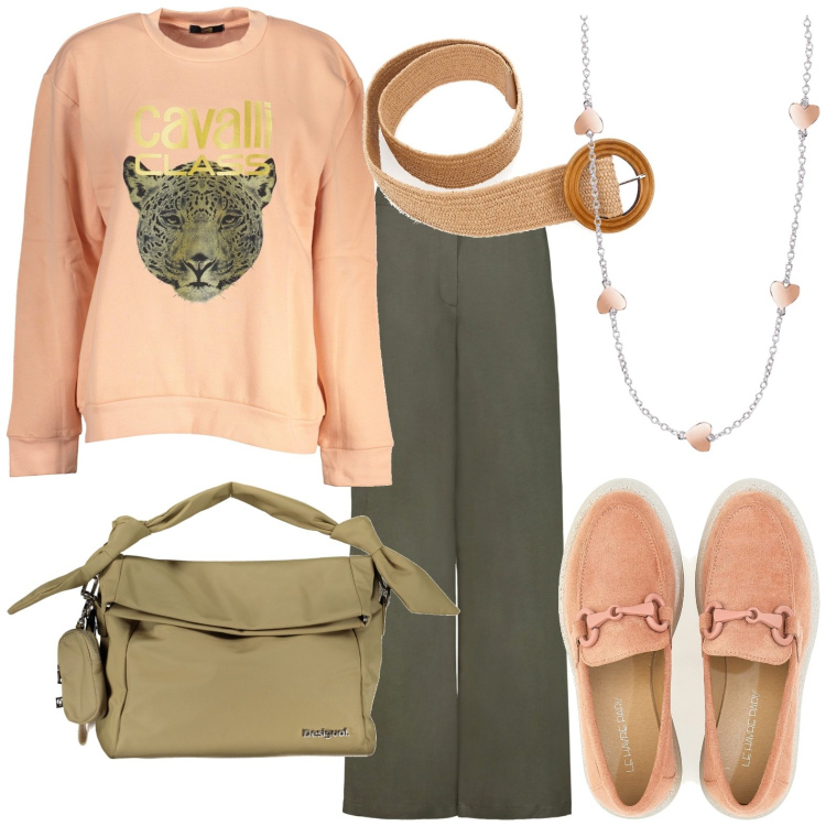 Outfit donna - Total look #1972762. Stile Casual per Tutti i giorni. Abbinamento con collane, mocassini, felpe, pantaloni, borse a spalla, cinture.