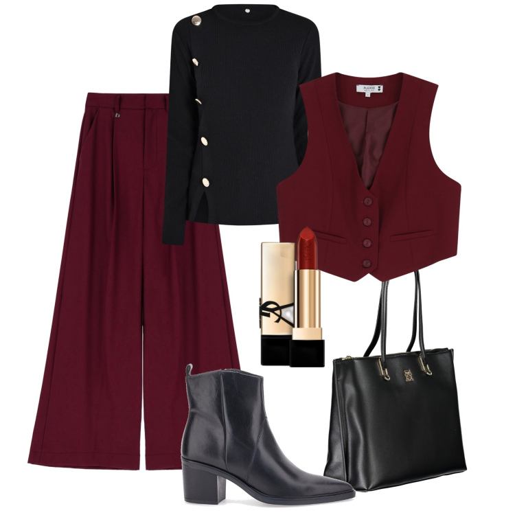 Outfit donna - Must have: gilet e stivaletti a punta. Stile Chic per Ufficio. Abbinamento con rossetti, maglieria, gilet, pantaloni, borse a spalla, stivaletti.