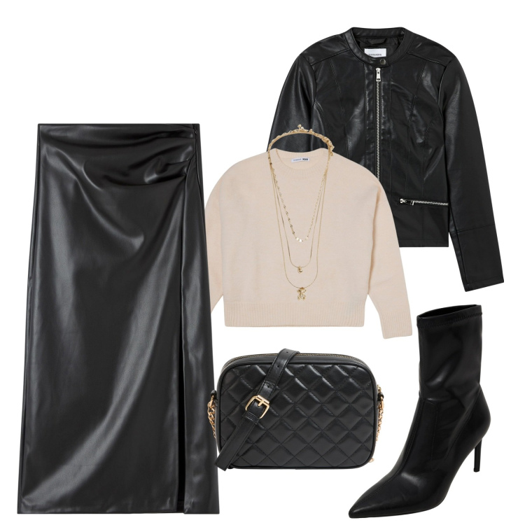Outfit donna - Total look #1972780. Stile Sexy per Serata fuori. Abbinamento con stivaletti, borse a tracolla, gonne longuette, maglieria, blazer, ciondoli.