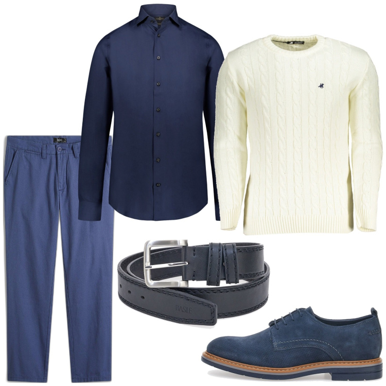 Outfit uomo - Total look #1972796. Stile Business/Elegante per Ufficio. Abbinamento con pantaloni chino, camicie, scarpe stringate, cinture, maglieria.