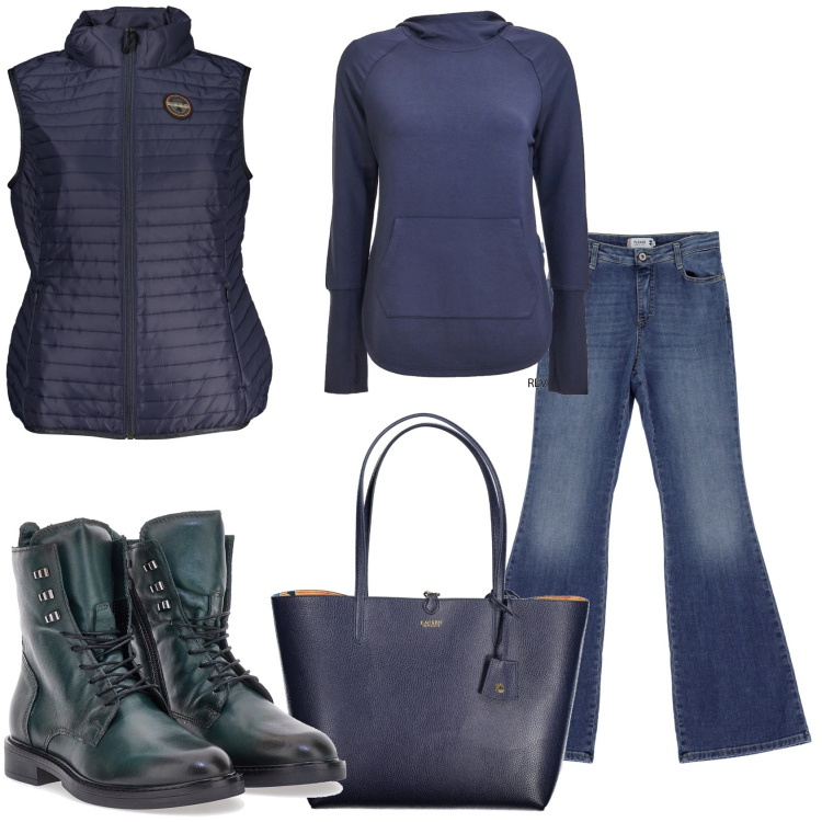 Outfit donna - Vado al supermercato. Stile Casual per Tutti i giorni. Abbinamento con jeans, anfibi, t-shirt, blazer, borse a spalla.
