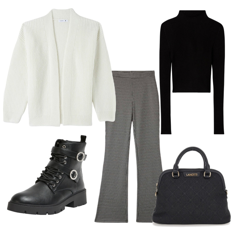 Outfit donna - Total look #1972801. Stile Casual chic per Ufficio. Abbinamento con anfibi, cardigans, pantaloni, maglieria, borse a spalla.