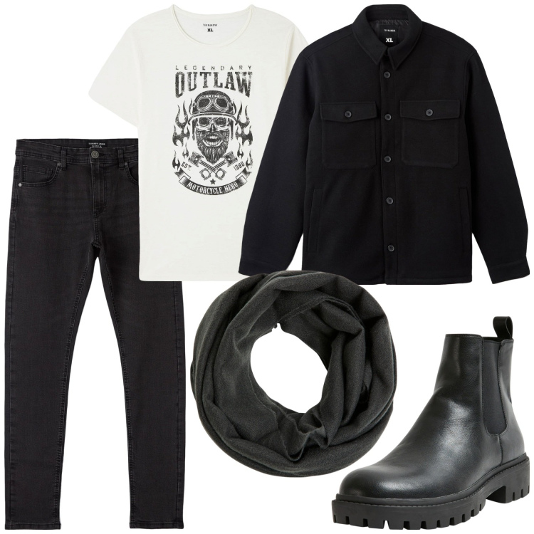Outfit uomo - Total look #1972810. Stile Urban per Tutti i giorni. Abbinamento con stivali e stivaletti, sciarpe, cappotti, jeans skinny, t-shirt.