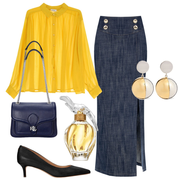 Outfit donna - Total look #1972811. Stile Chic per Serata fuori. Abbinamento con profumi, gonne lunghe, camicie, décolleté, borse a spalla, orecchini.