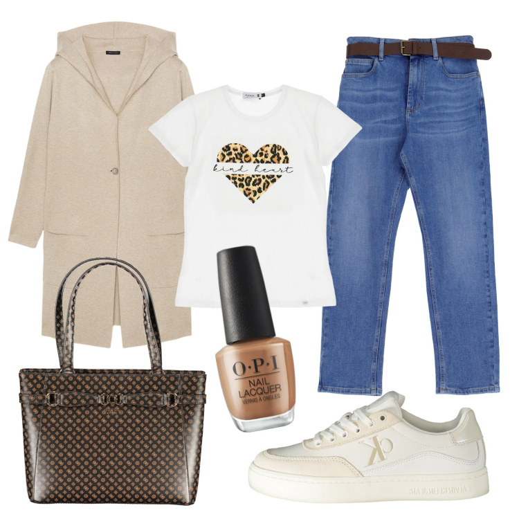 Outfit donna - Comoda con le sneakers. Stile Casual per Tutti i giorni. Abbinamento con smalti, jeans dritti, t-shirt, cardigans, sneakers, borse a spalla.