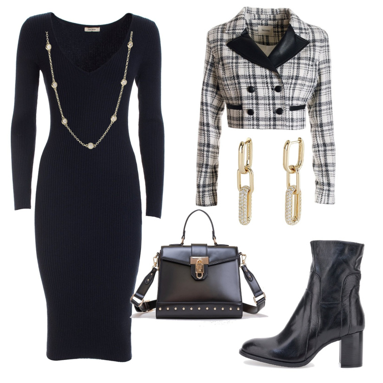 Outfit donna - A lavoro con stile. Abbinamento con orecchini, collane, vestiti midi/longuette, blazer, borse tote, stivaletti.