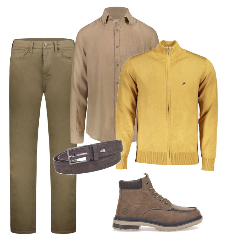 Outfit uomo - Colori autunnali. Stile Casual per Tutti i giorni. Abbinamento con pantaloni, stivali e stivaletti, camicie, cinture, cardigans.