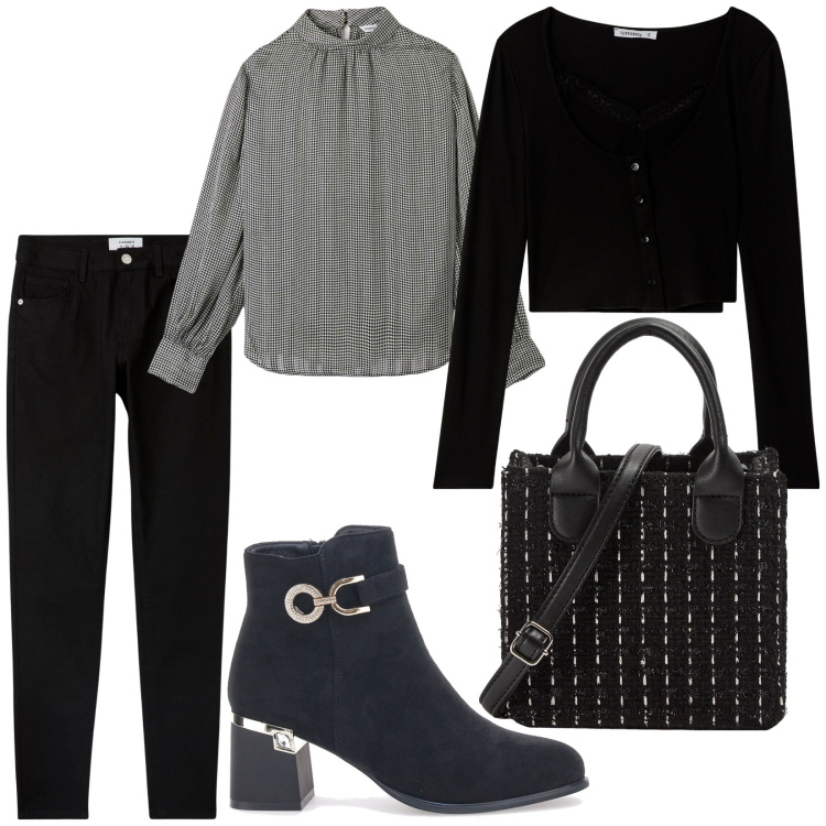 Outfit donna - Total look #1972826. Stile Casual chic per Tutti i giorni. Abbinamento con cardigans, bluse, pantaloni skinny, shopping bag, stivaletti.