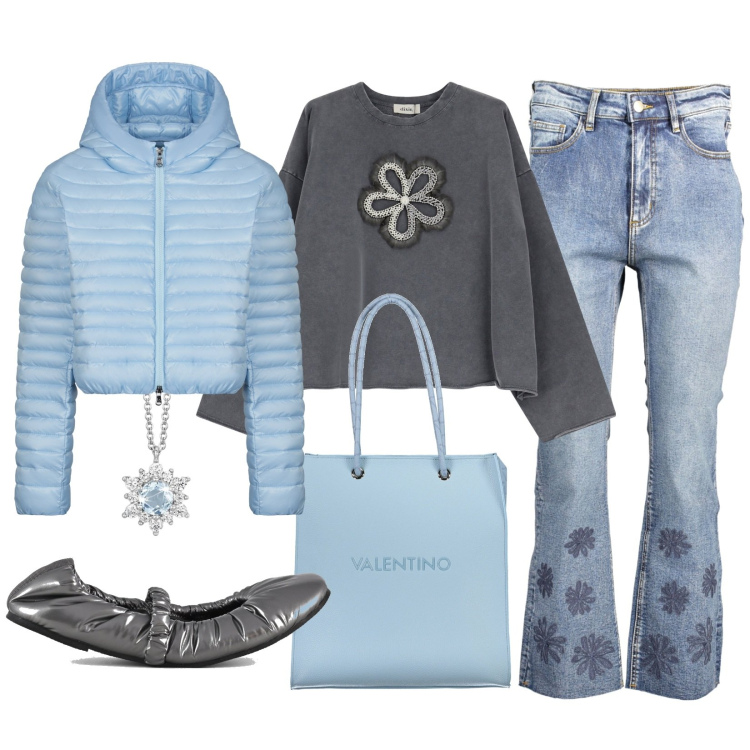 Outfit donna - Polvere. Stile Casual per Tutti i giorni. Abbinamento con collane, felpe, piumini, ballerine, jeans, borse a spalla.
