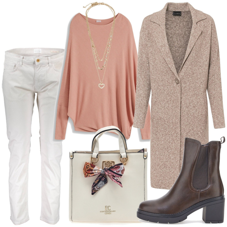 Outfit donna - Total look #1972832. Stile Casual chic per Tutti i giorni. Abbinamento con cappotti, maglieria, collane, stivaletti chelsea, pantaloni, borse a mano.