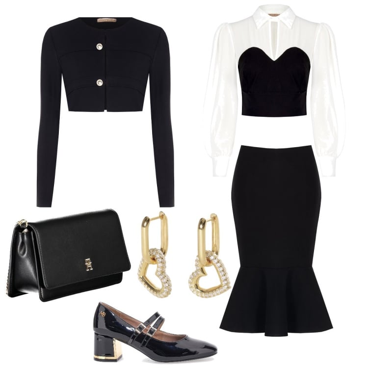Outfit donna - Serata non ton. Stile Bon Ton per Serata fuori. Abbinamento con orecchini, bluse, gonne longuette, blazer, décolleté, borse a tracolla.