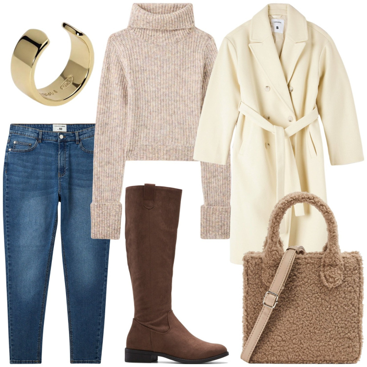 Outfit donna - Total look #1972838. Stile Casual chic per Tutti i giorni. Abbinamento con stivali, cappotti, maglieria, shopping bag, jeans skinny, orecchini.