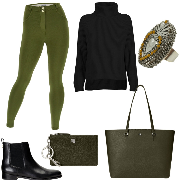 Outfit donna - Colori verde oliva. Stile Basic per Tutti i giorni. Abbinamento con pantaloni skinny, borse tote, stivaletti chelsea, portafogli, anelli, maglieria.