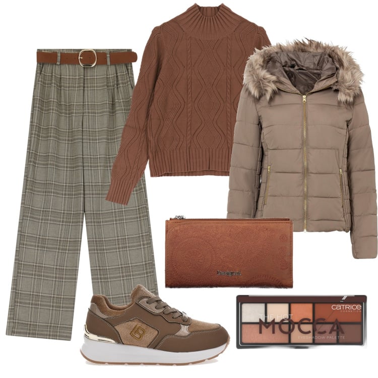 Outfit donna - I pantaloni check con le sneakers. Stile Trendy per Tutti i giorni. Abbinamento con giacche, ombretti, pantaloni, maglieria, scarpe stringate, portafogli.