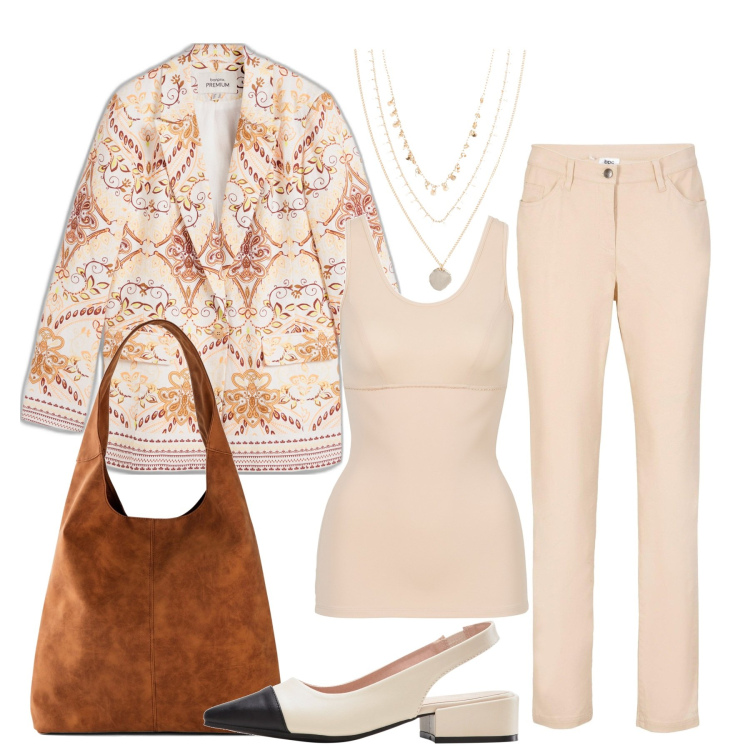 Outfit donna - Il blazer particolare. Stile Casual chic per Tutti i giorni. Abbinamento con top, décolleté, collane, blazer, pantaloni, shopping bag.
