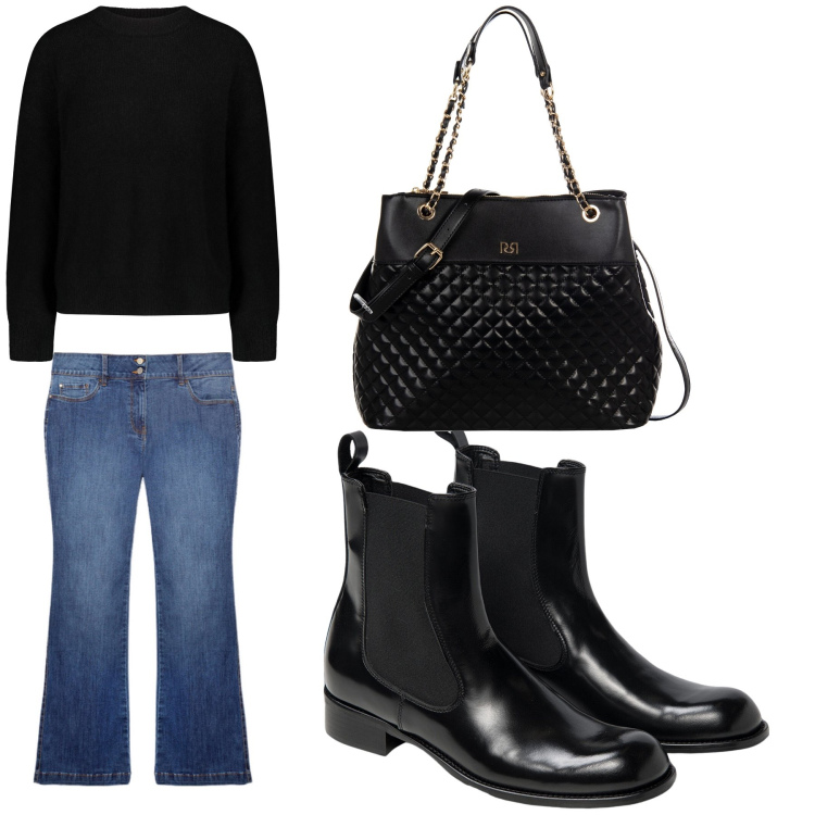 Outfit donna - Aperitivo. Stile Trendy per Tutti i giorni. Abbinamento con shopping bag, maglieria, stivaletti chelsea, jeans a zampa.