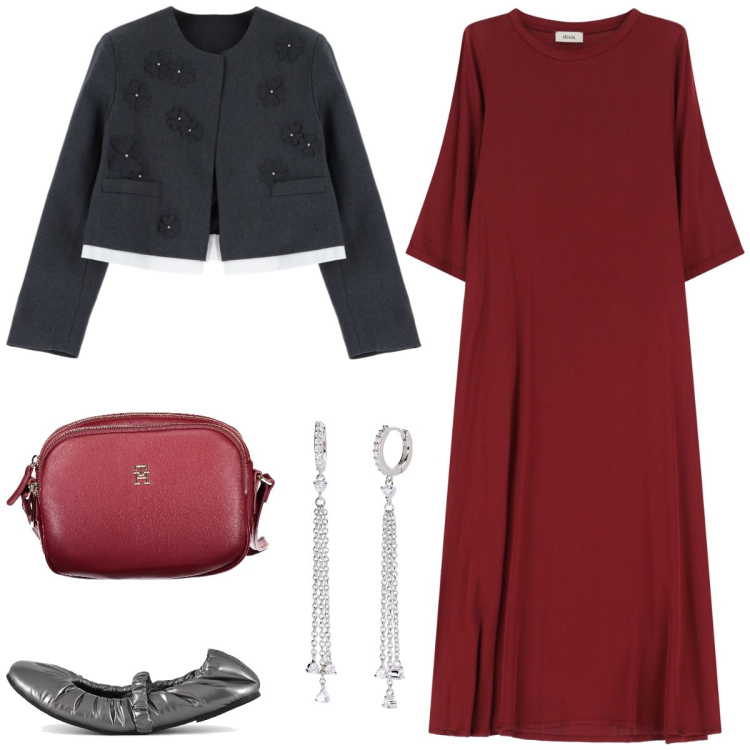 Outfit donna - In città. Stile Casual per Tutti i giorni. Abbinamento con orecchini, vestiti, blazer, ballerine, borse a tracolla.