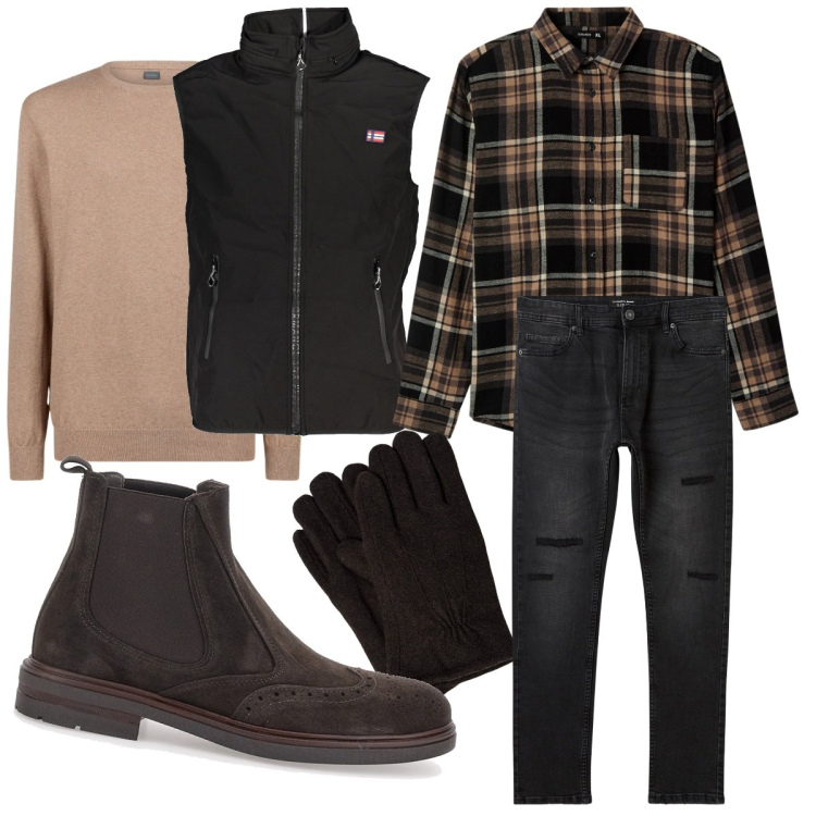Outfit uomo - Flanella country style. Stile Casual per Tutti i giorni. Abbinamento con jeans strappati, camicie, maglieria, giacche, guanti, stivali e stivaletti.