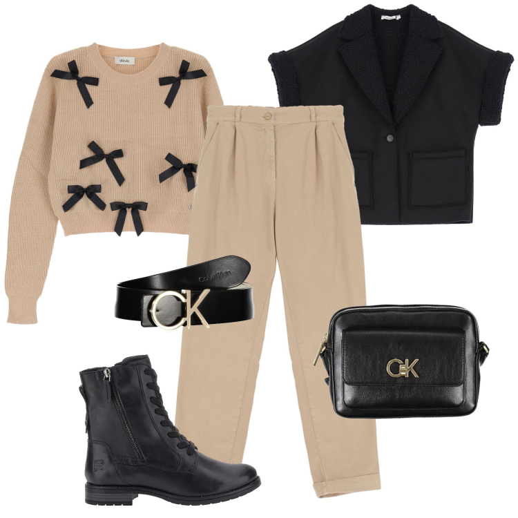 Outfit donna - Fiocchi, anfibi e montone. Stile Casual per Tutti i giorni. Abbinamento con blazer, pantaloni chino, maglieria, anfibi, cinture, borse a tracolla.