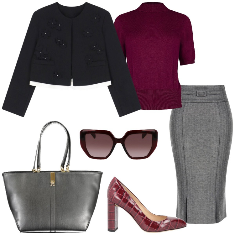 Outfit donna - Ufficio. Stile Bon Ton per Ufficio. Abbinamento con décolleté, gonne lunghe, maglieria, blazer, borse a spalla, occhiali da sole.