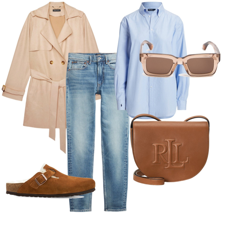 Outfit donna - Total look #1972897. Stile Casual per Tutti i giorni. Abbinamento con borse a tracolla, camicie, jeans skinny, mocassini, occhiali da sole, trench.
