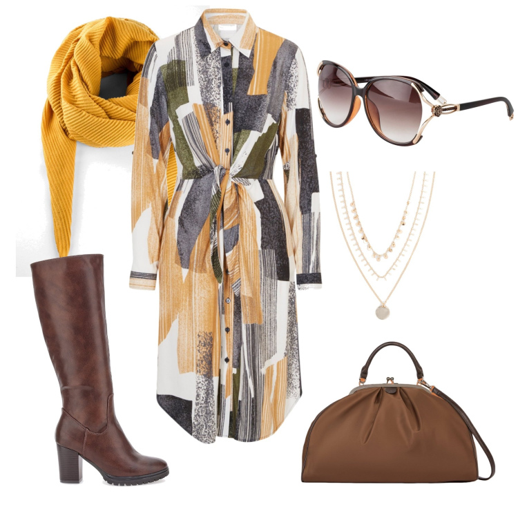Outfit donna - Total look #1972900. Stile Casual chic per Tutti i giorni. Abbinamento con foulard, collane, occhiali da sole, vestiti chemisier, borse a spalla, stivali.