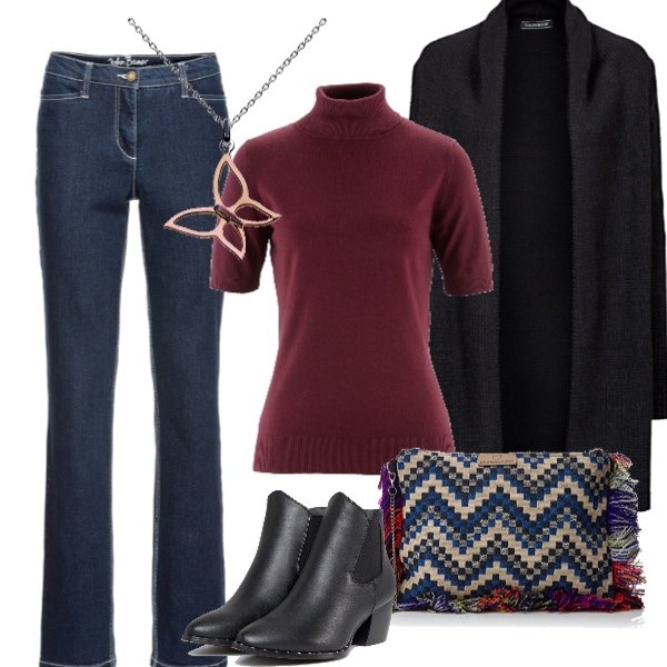 Outfit donna - Mariposa. Stile Urban per Tutti i giorni. Abbinamento con cardigans, pullover a maniche corte, jeans dritti, borsa a mano, stivaletti chelsea, collana in argento 925.